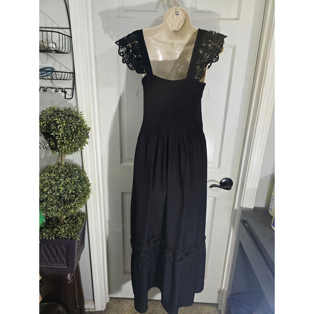 Zesica Black Smocked Crochet Lace Flutter Sleeve Tiered Viscose Dress Large NWT - Picture 11 of 13